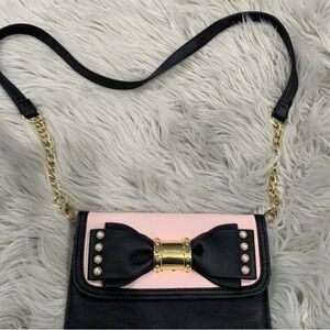 Betsey Johnson Black and Pink Crossbody Bag with Bow Detail